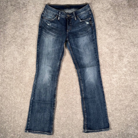 Silver Jeans Women's 26x31 Elyse Slim Bootcut Dark Wash Distressed Denim - Picture 2 of 12